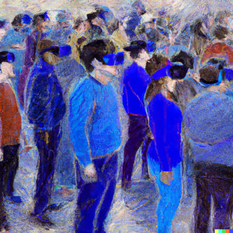 DallE generated image of an impressionist style drawing of someone watching a group of people in the metaverse. Several of the people are wearing VR headsets