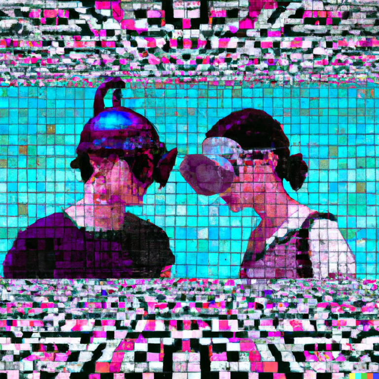 A DallE generated image of ancient Roman mosaic featuring two people wearing a VR headset using cyberpunk colours
