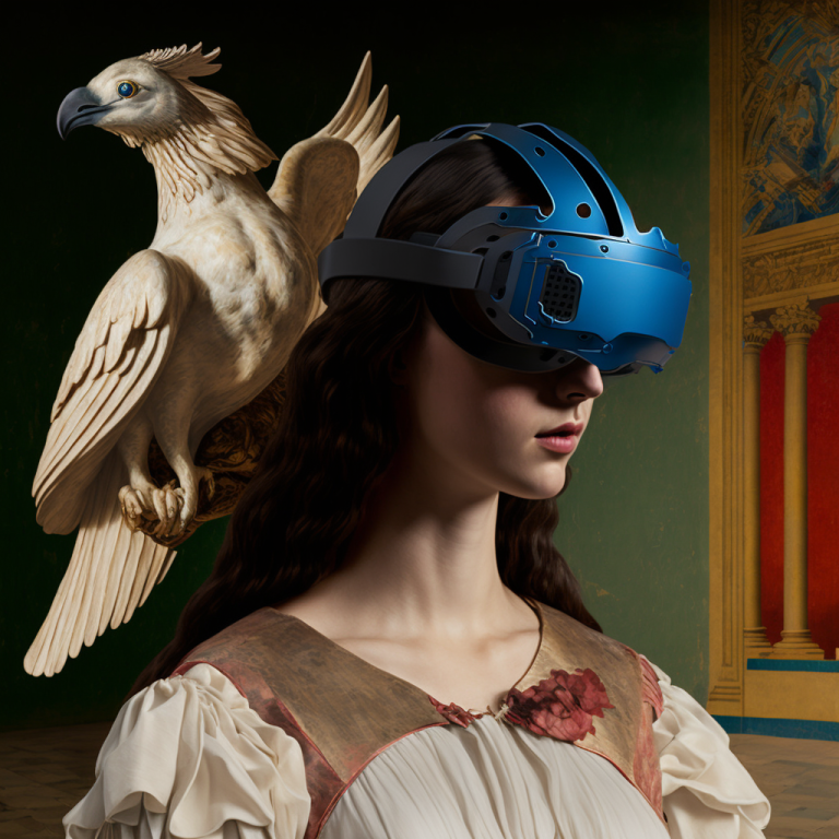 A DallE generated image of a Renaissance painting of a woman with a bird on her shoulder. The woman is wearing a VR headset.