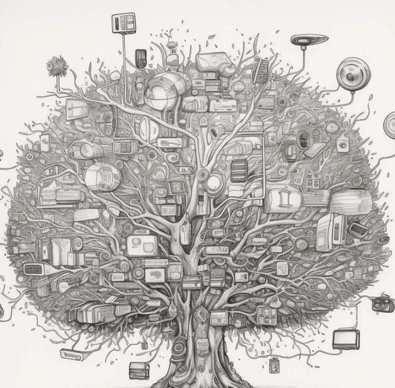 A Midjourney generated image of an 'evolutionary tree of tech'. It is a pencil drawing of a large circular tree with different pieces of technology resting in the foliage