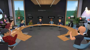 A group of cartoon avatars working in a Horizons workspace
