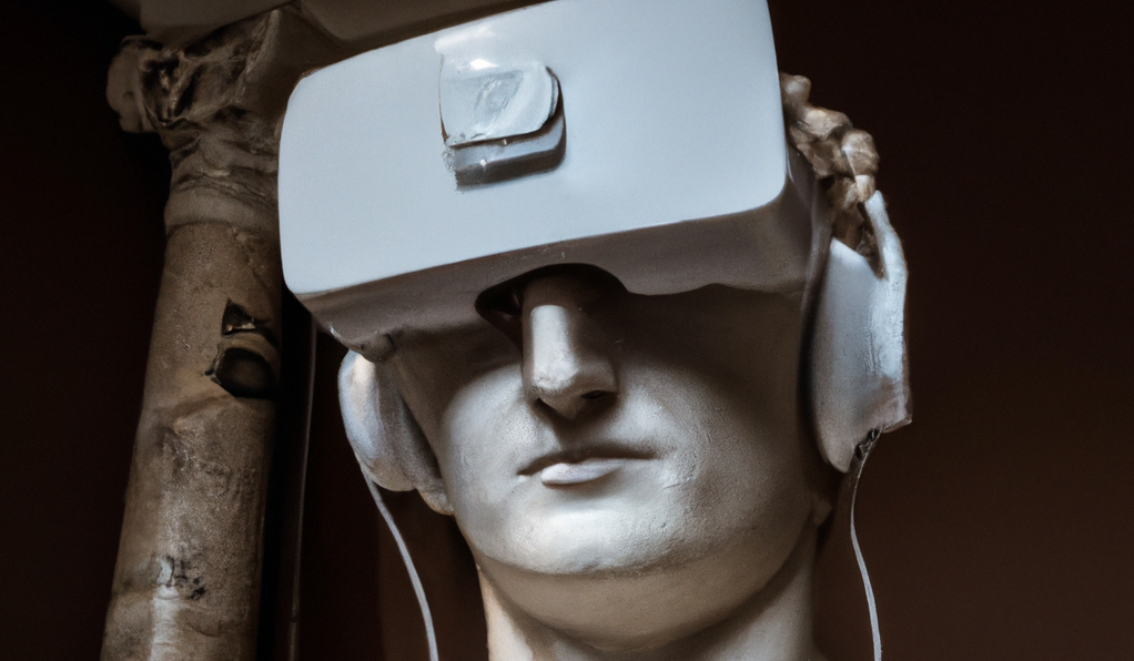 DallE generated image, Photograph of a marble statue of Roman Emperor Caligula in a museum, the statue is wearing a Victorian-era Virtual Reality Headset.