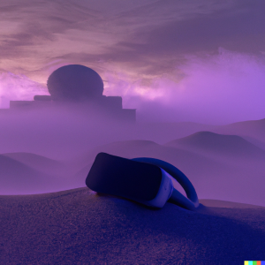 VR headset sitting on a pile of sand with a purple fog in the background