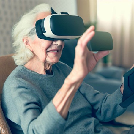 Elderly woman sitting down wearing a VR headset with her right arm out in front of her