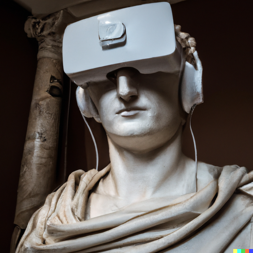 DallE generated image, Photograph of a marble statue of Roman Emperor Caligula in a museum, the statue is wearing a Victorian-era Virtual Reality Headset.