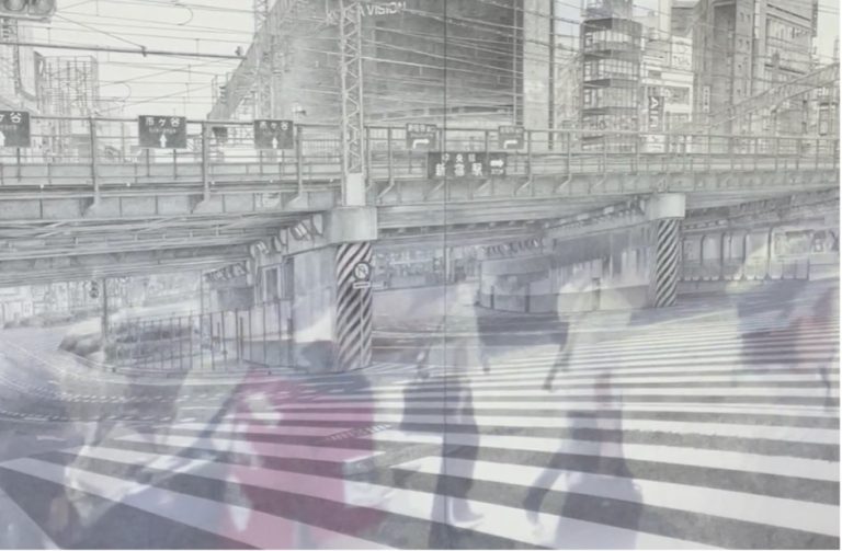 Still from Still from Shinjuku Calling by Yamagami Yukihiro (2014) showing a greyscale image of a crosswalk near Shinjuku station in Japan, with transparent images of commuters overlayed over the image