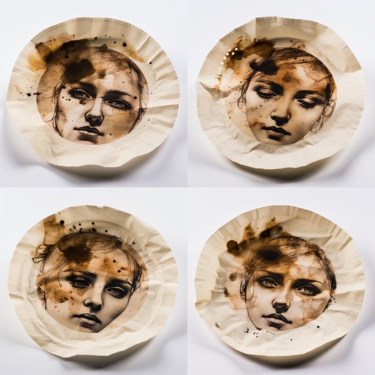 Four coffee stained filters where the stain looks like a person