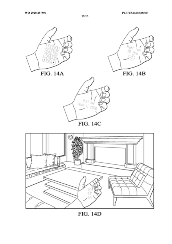 Patent image of hu.ma.ne, which shows a line drawing of a three hands overlayed with AR images of a number pad and other instructions. The bottom half of the image shows the same hand in a lounge room environment