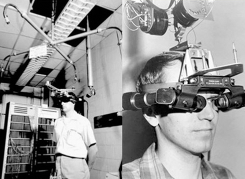 Two images of the Sword of Damocles. The left image shows a zoomed out image of the technology, where there is a x shaped frame above the user's head. The right hand image is a close up of a user's face wearing the headset. It has two lenses over the eyes of the user and the headset is attached to the rigging above 