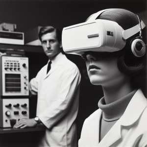 Black and white image of a woman in a VR headset in the foreground, with a neurtral expression. In the background there is a man in a lab coat next to an early computer. He is looking at the woman in the foreground