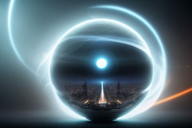 Orb with a high up view of a city inside of it. There is a bright moon in the centre of the city skyline. The orb is wrapped in wispy bight light