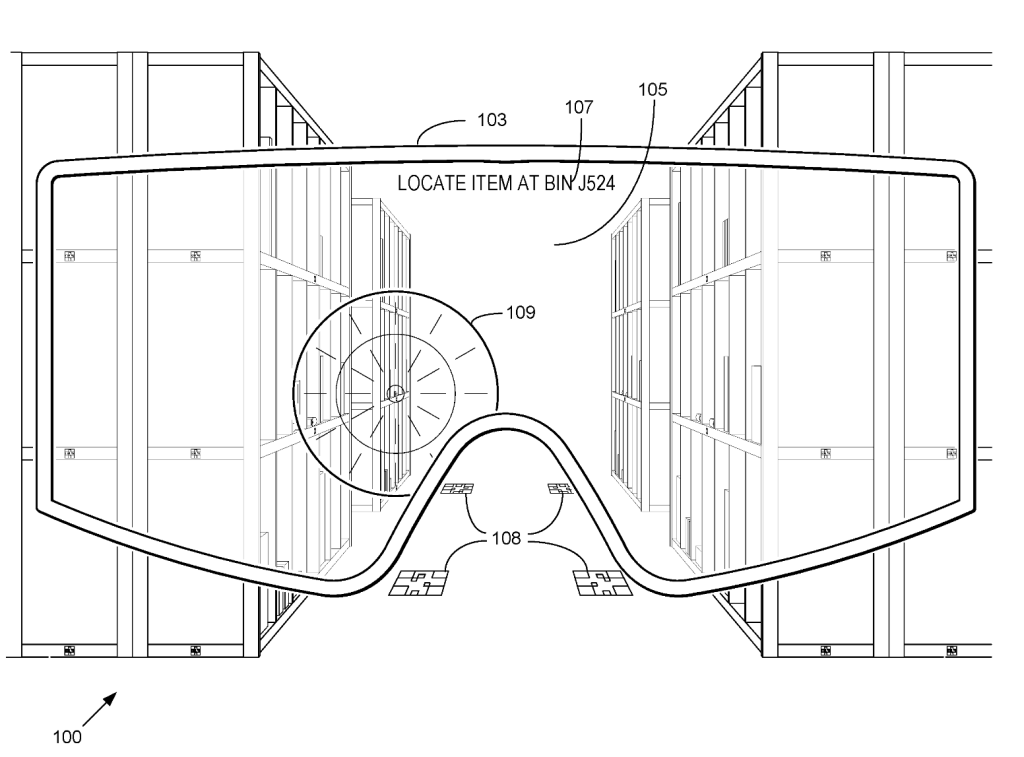Schematic drawing of Amazon's proposal for AR smartglasses for their warehouse workers. It shows a glasses view with shelves in the background. Writing at the top of the glasses points the worker in the direction of a particular bin to pick up a product for packing