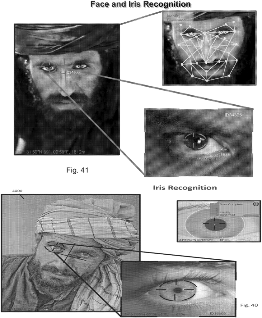Image from Micosoft patent showing two pictures of Middle Eastern men on the left hand side of the image. On the right hand side, we see close ups of their eyes with layover data that suggests eye and facial tracking