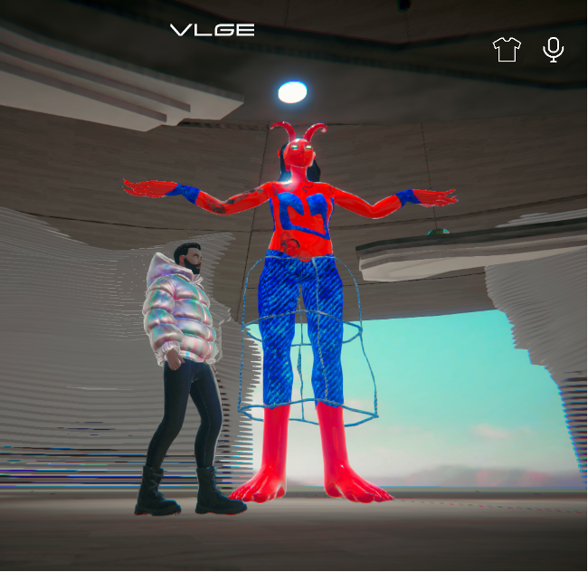 A virtual exhibit featuring a towering red and blue avatar.