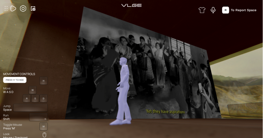 A virtual exhibit featuring a black and white image of people on the wall.