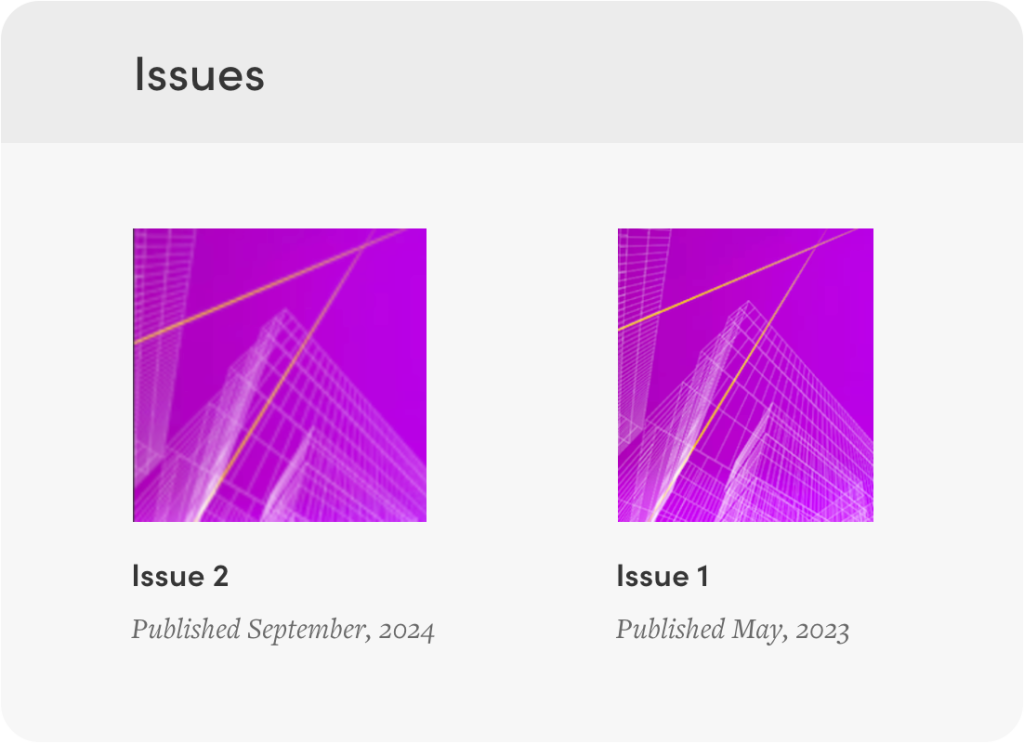 Screenshot of the Social Grammers of Virtuality webpage showing the two issues of their report, with Issue 1 published in May 2023 and Issue 2 published in September 2024.